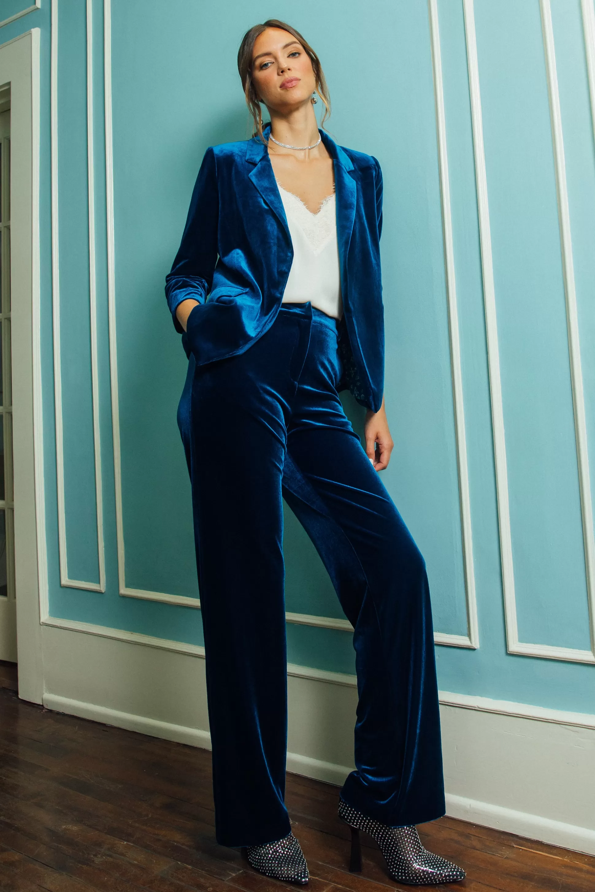 SKIES ARE BLUE Pants>Velvet Wide Leg Pants Teal