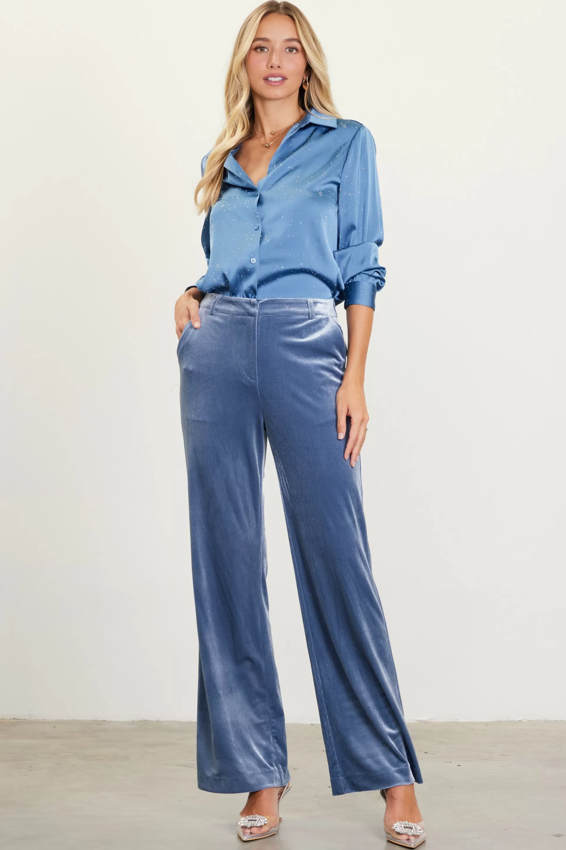 SKIES ARE BLUE Pants>Velvet Wide Leg Pants Dustyblue