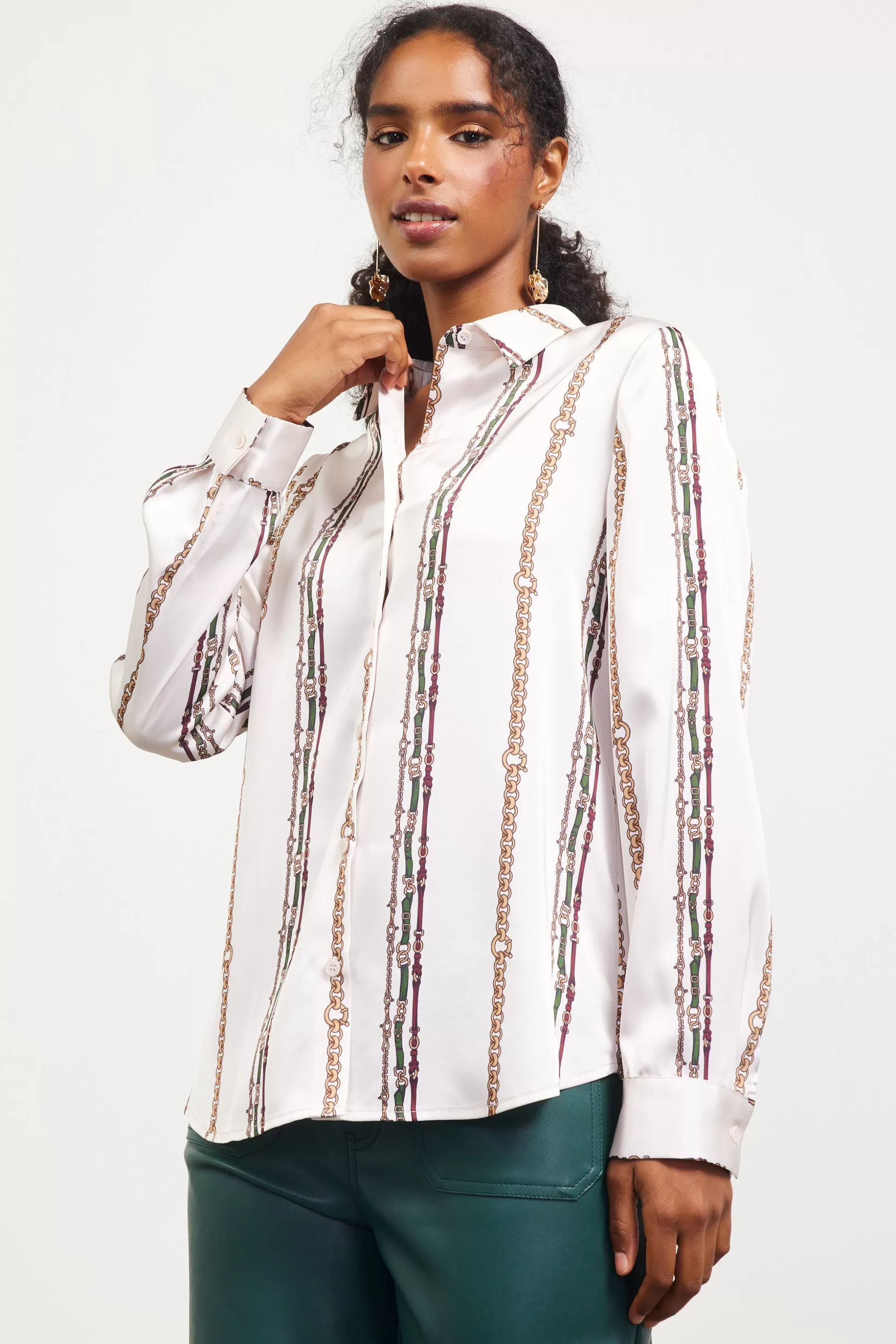 SKIES ARE BLUE Long Sleeve Tops>Vertical Stripe Satin Button Down Ivory-multi