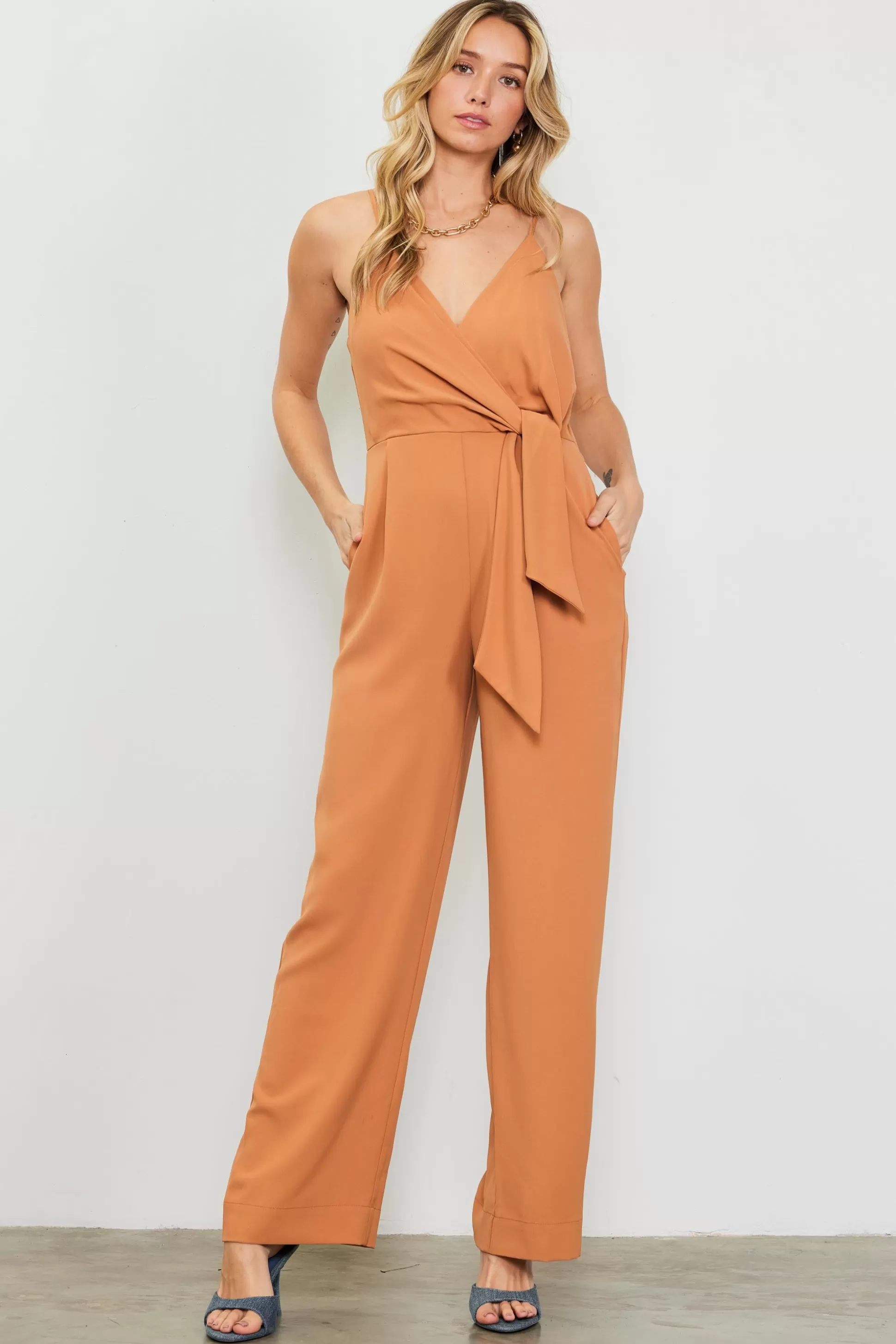 SKIES ARE BLUE Jumpsuits>Waist Tie Detail Sleeveless Jumpsuit Tuscantan