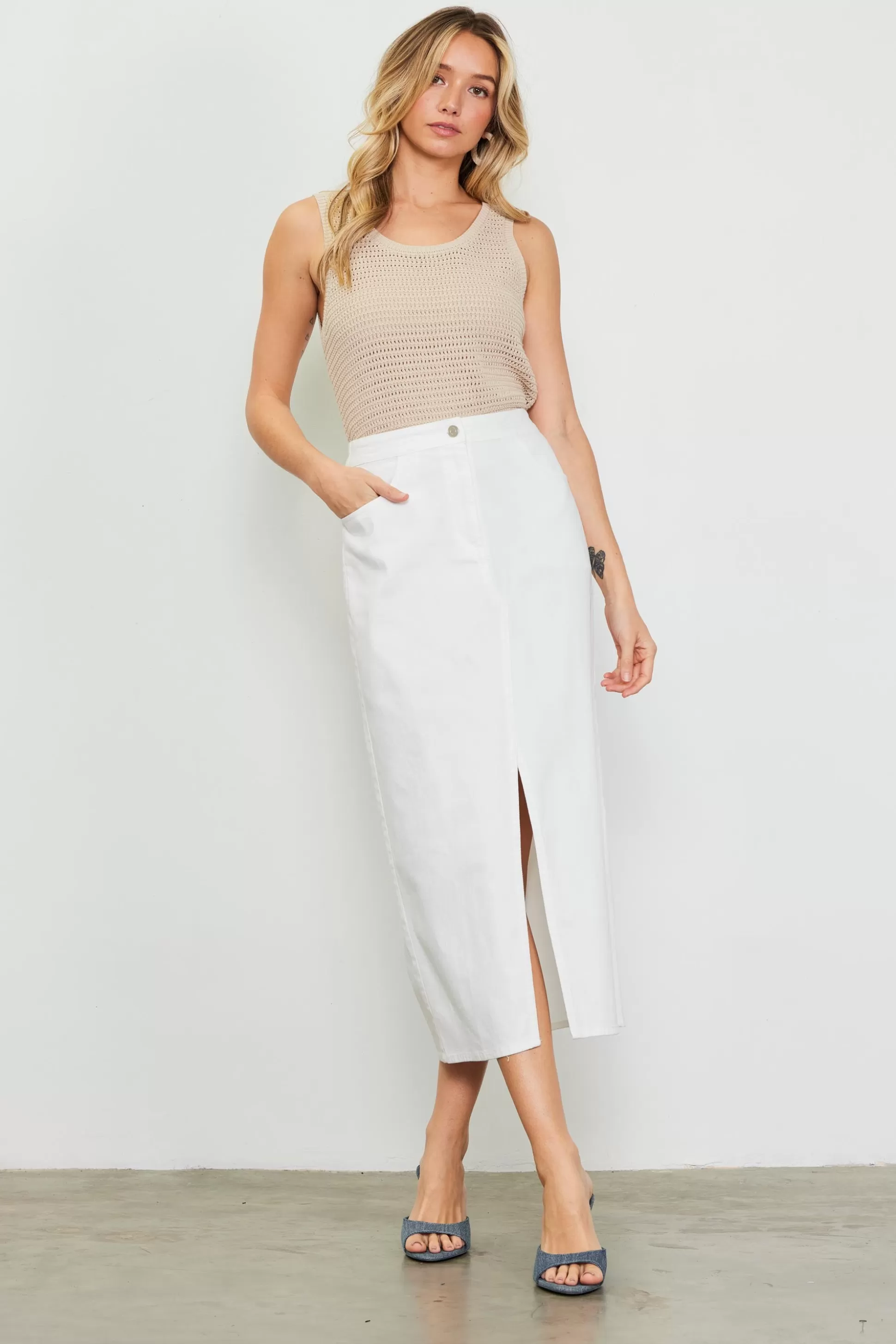 SKIES ARE BLUE Skirts>Washed Cotton Twill Midi Skirt White