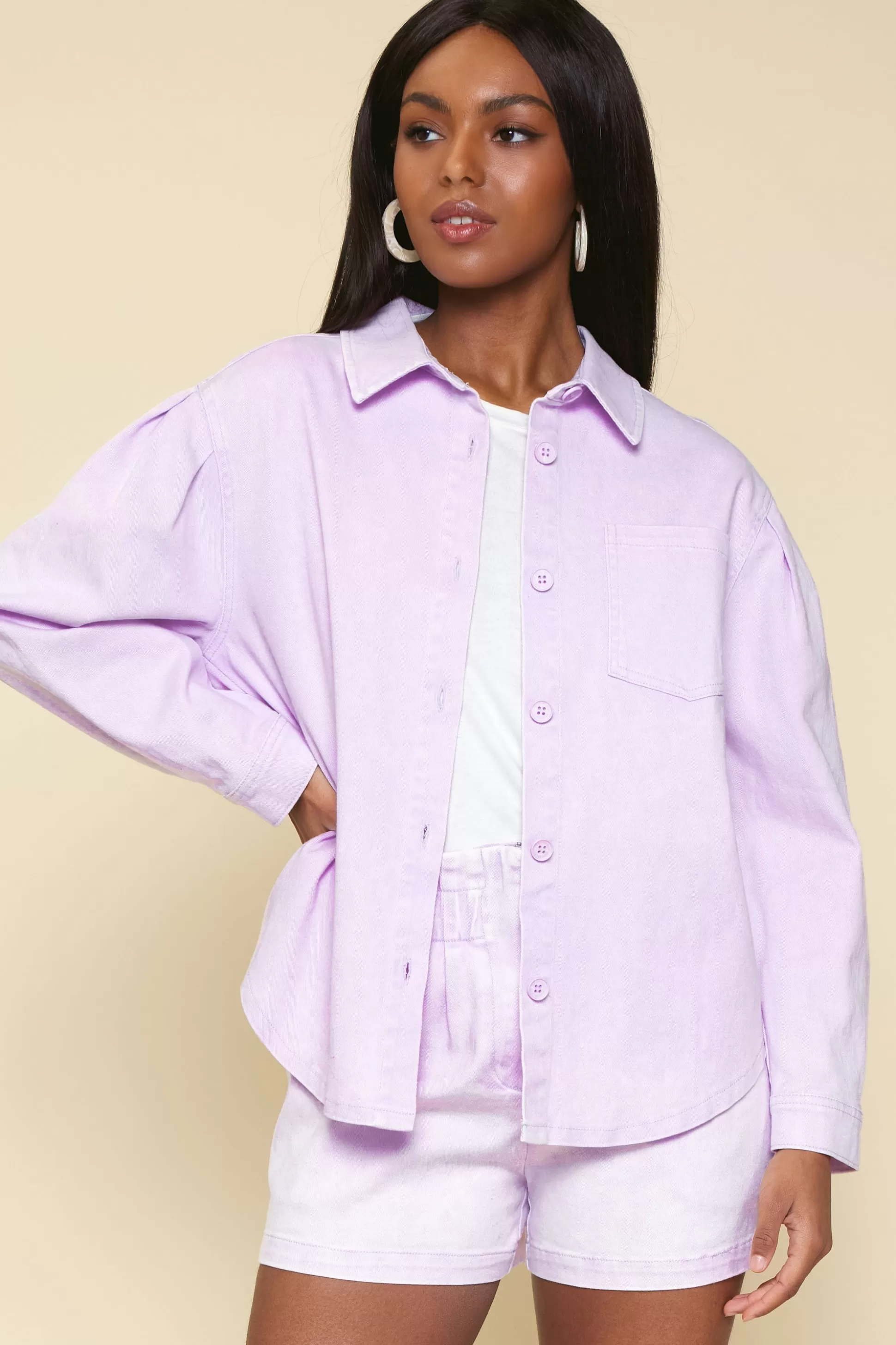 SKIES ARE BLUE Long Sleeve Tops>Washed Cotton Twill Shacket Lavender