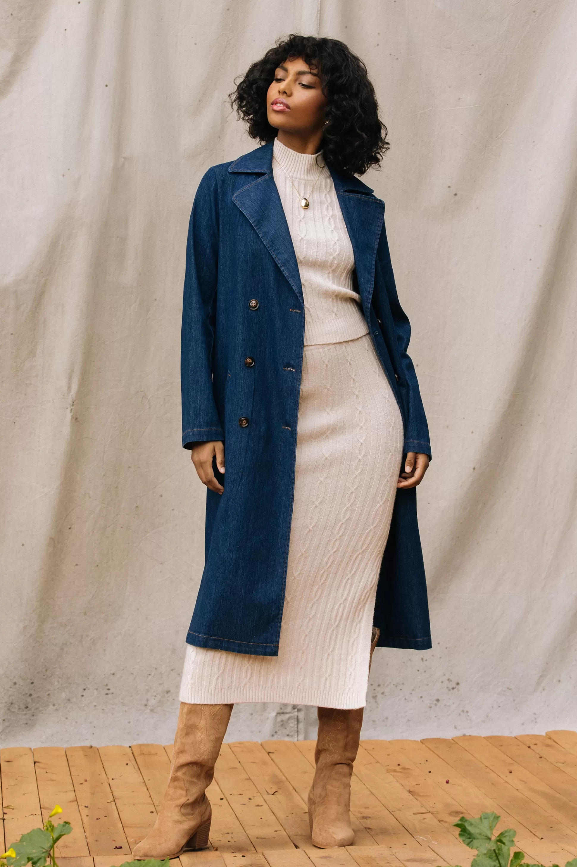 SKIES ARE BLUE Outerwear>Washed Denim Trench Coat Bluedenim