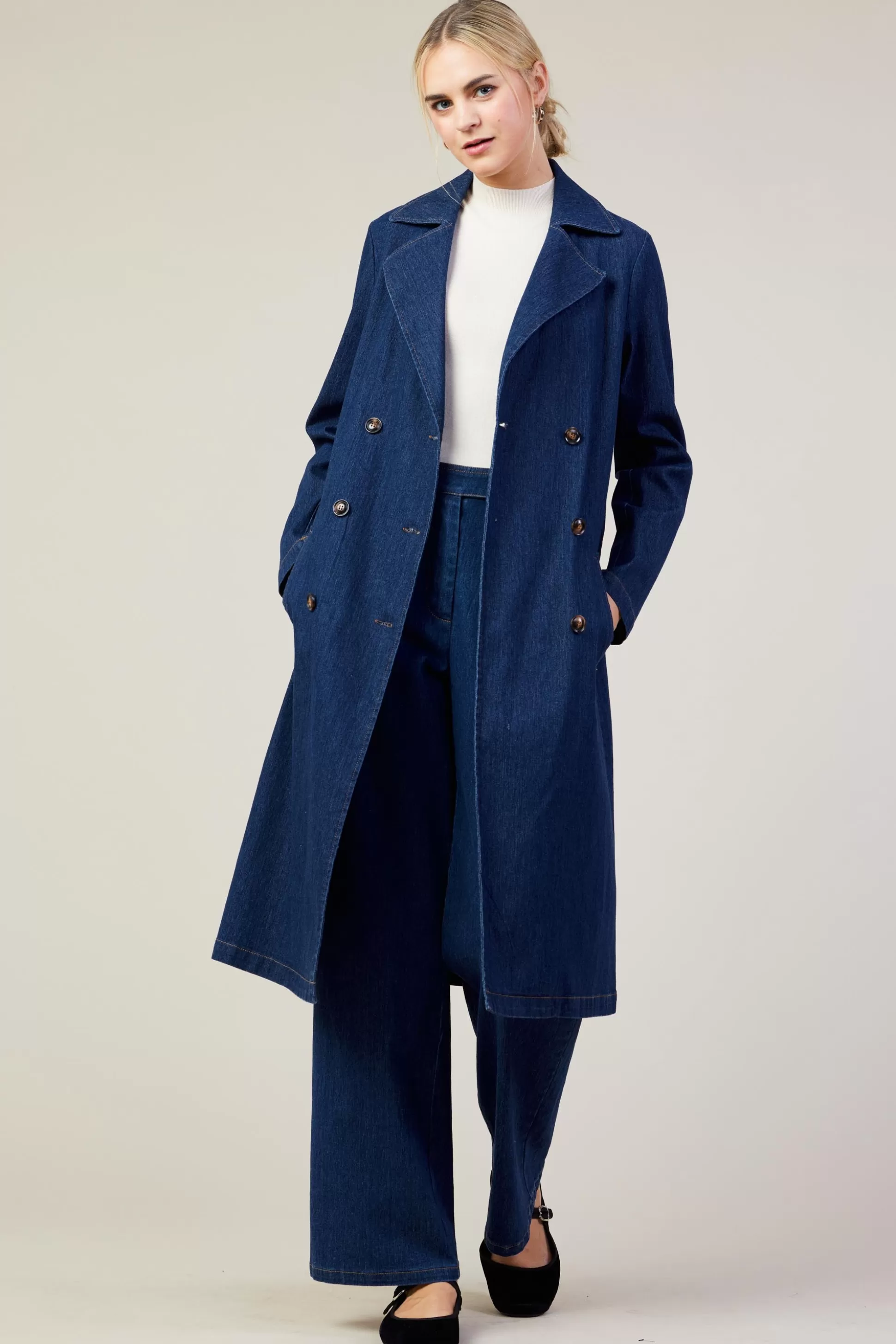 SKIES ARE BLUE Outerwear>Washed Denim Trench Coat Bluedenim