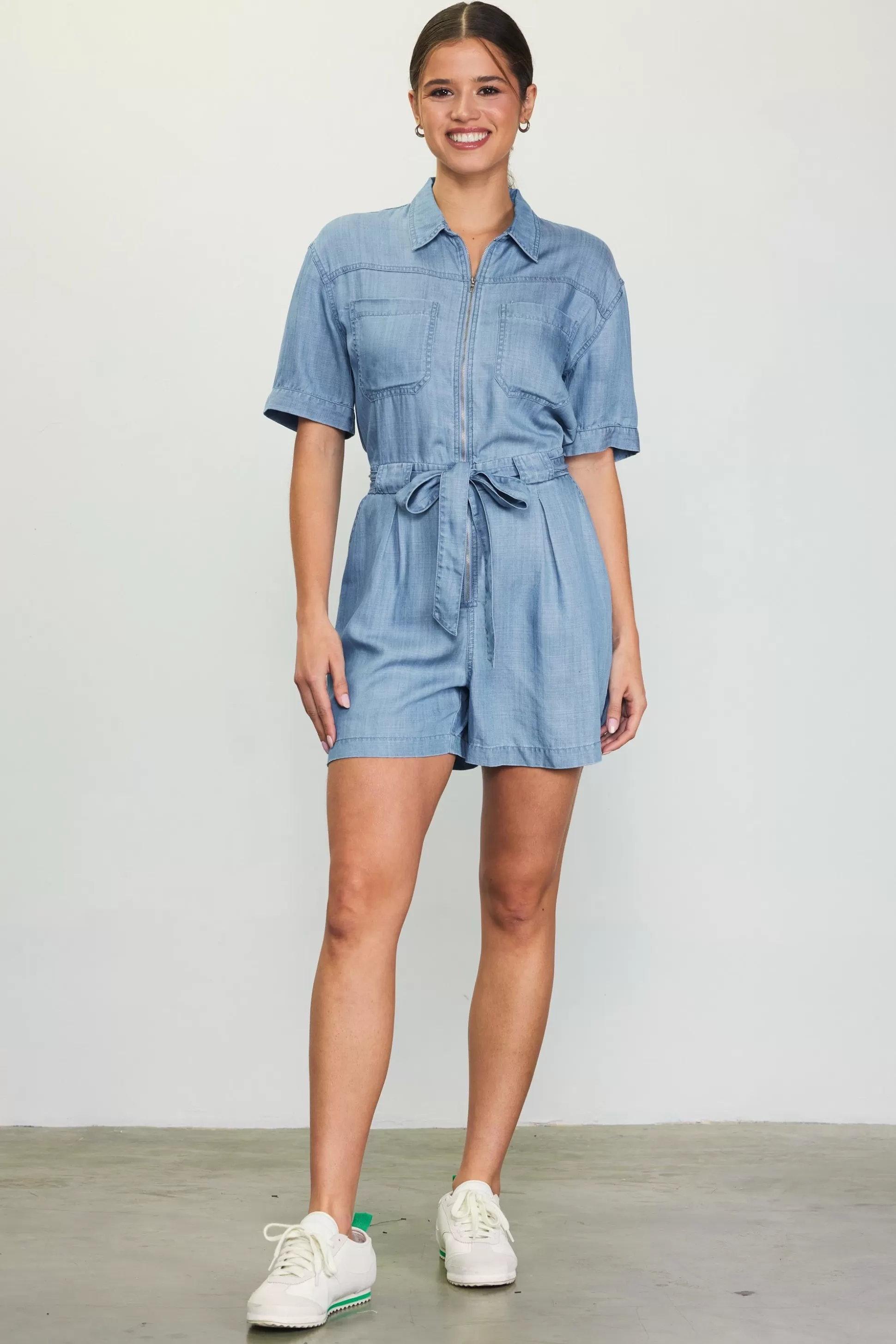 SKIES ARE BLUE Jumpsuits>Washed Tencel Shortsleeve Romper Chambray