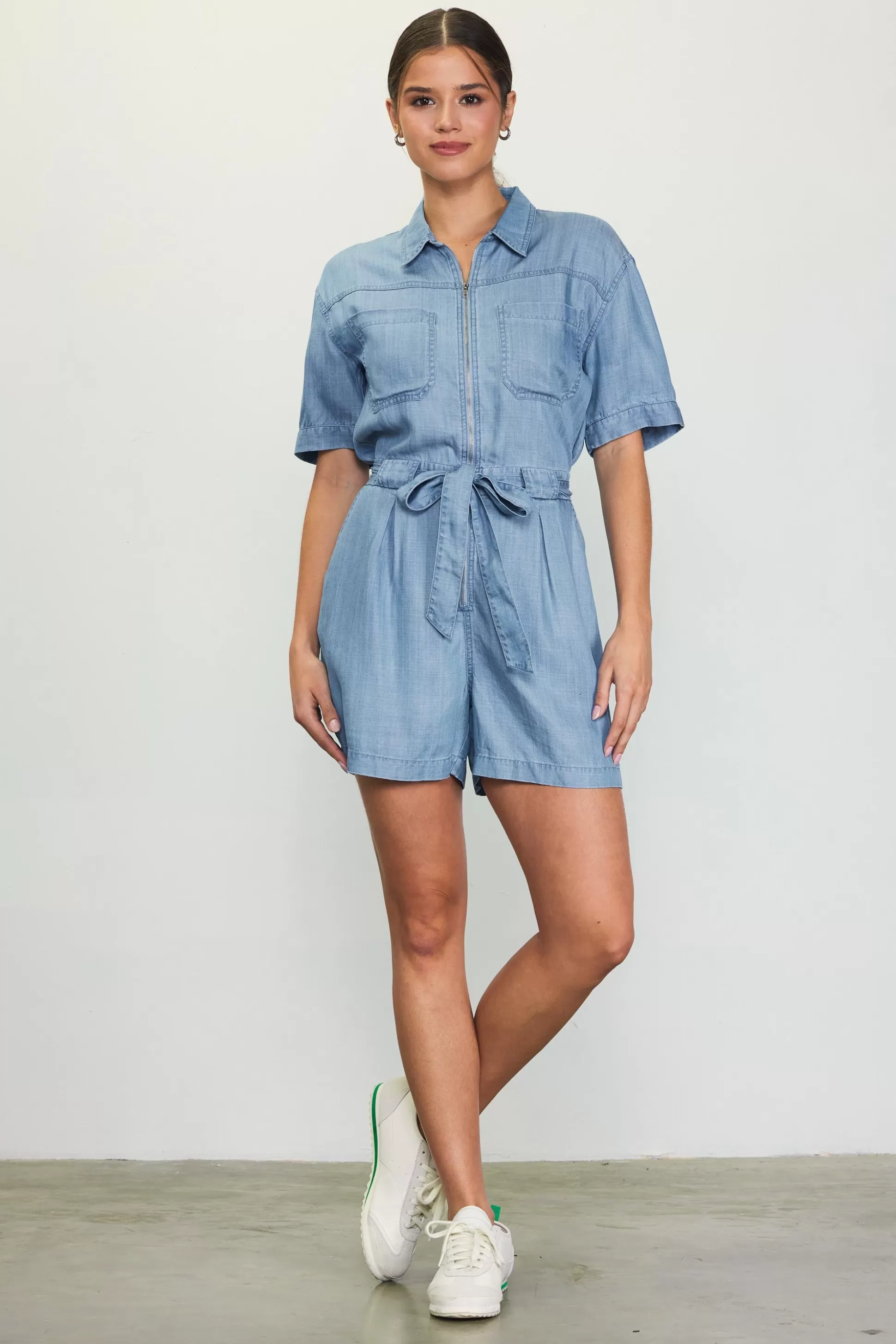 SKIES ARE BLUE Jumpsuits>Washed Tencel Shortsleeve Romper Chambray