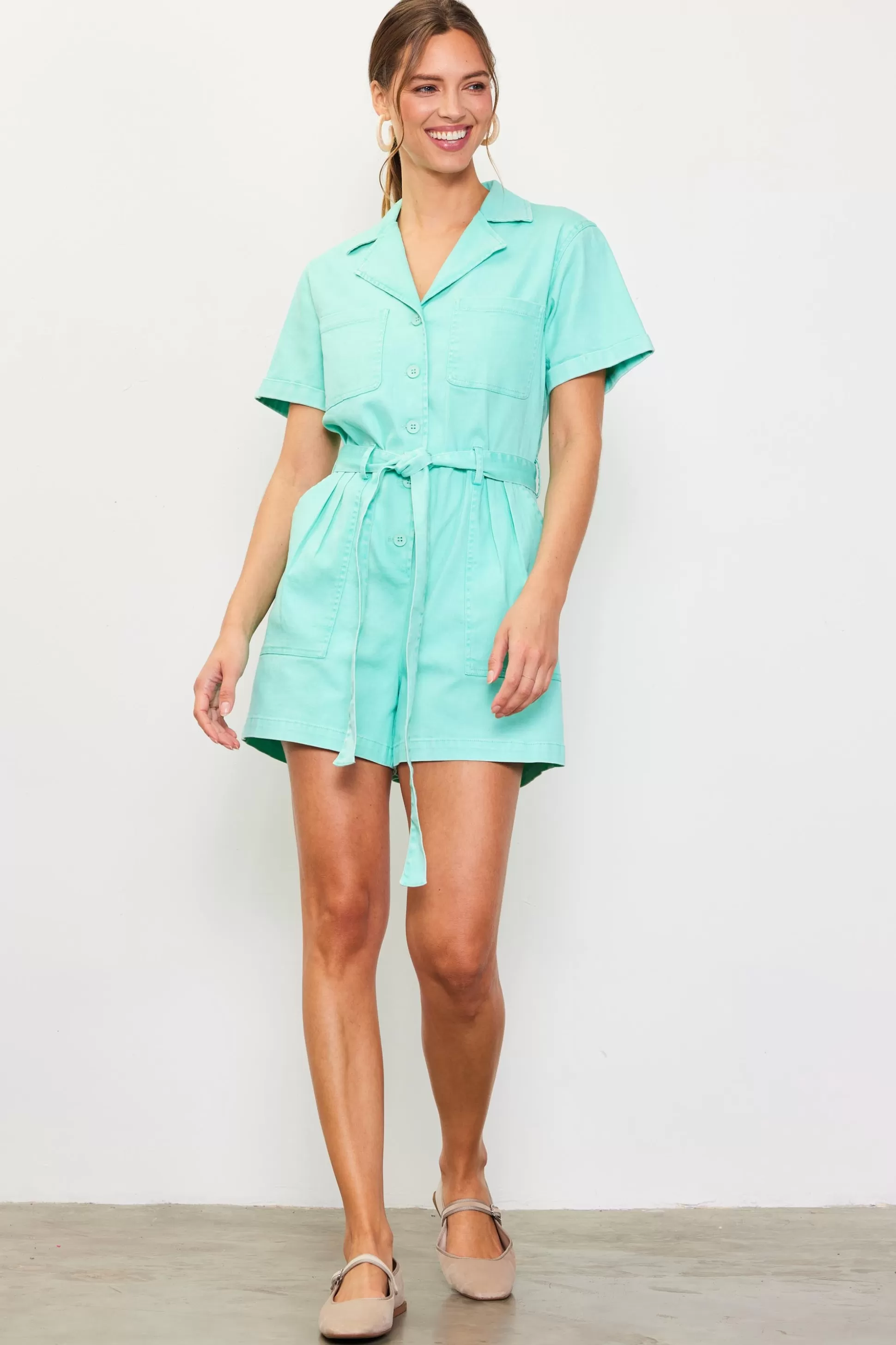 SKIES ARE BLUE Jumpsuits>Washed Twill Utility Romper Mint