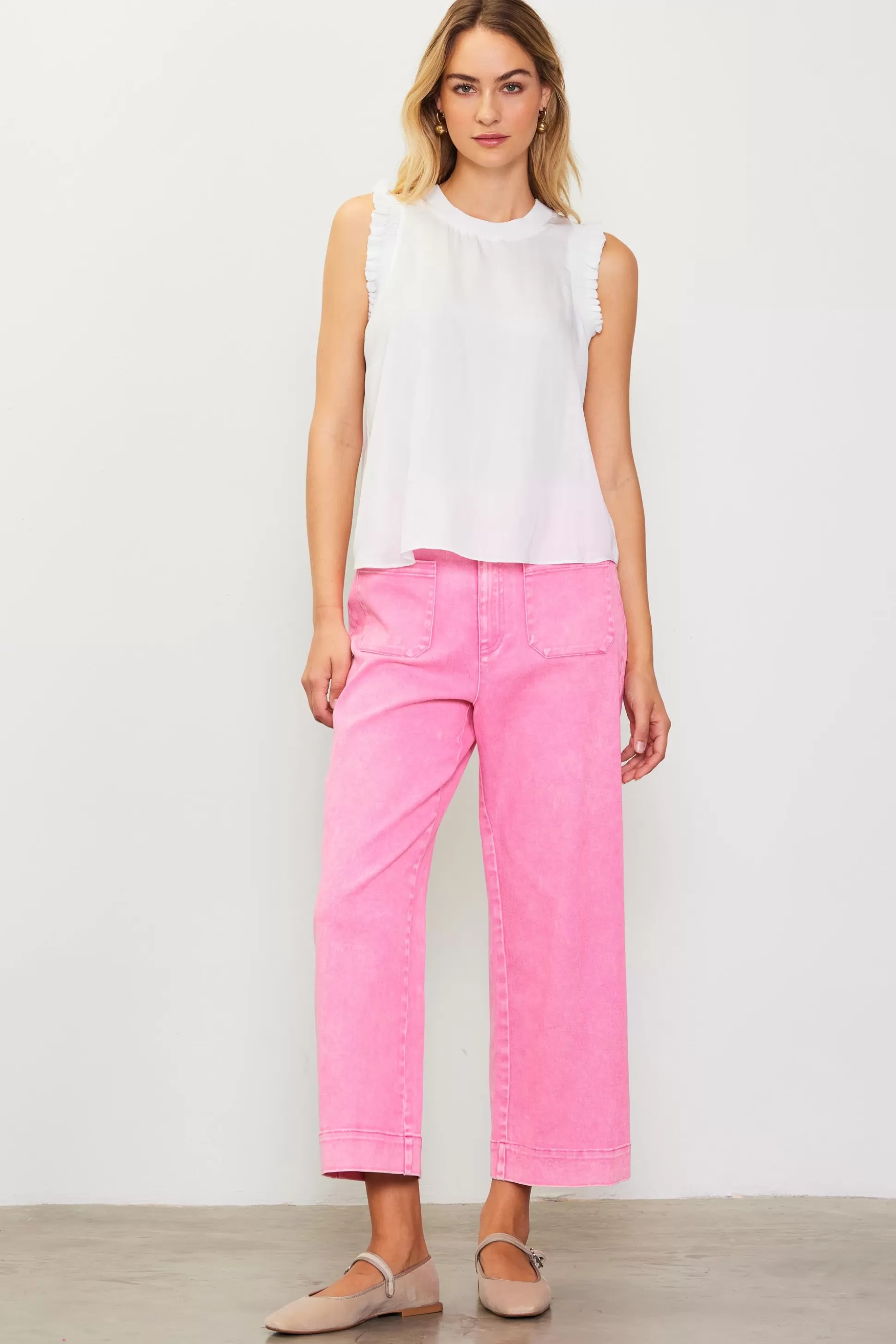 SKIES ARE BLUE Pants>Washed Twill Wide Leg Pants Pink