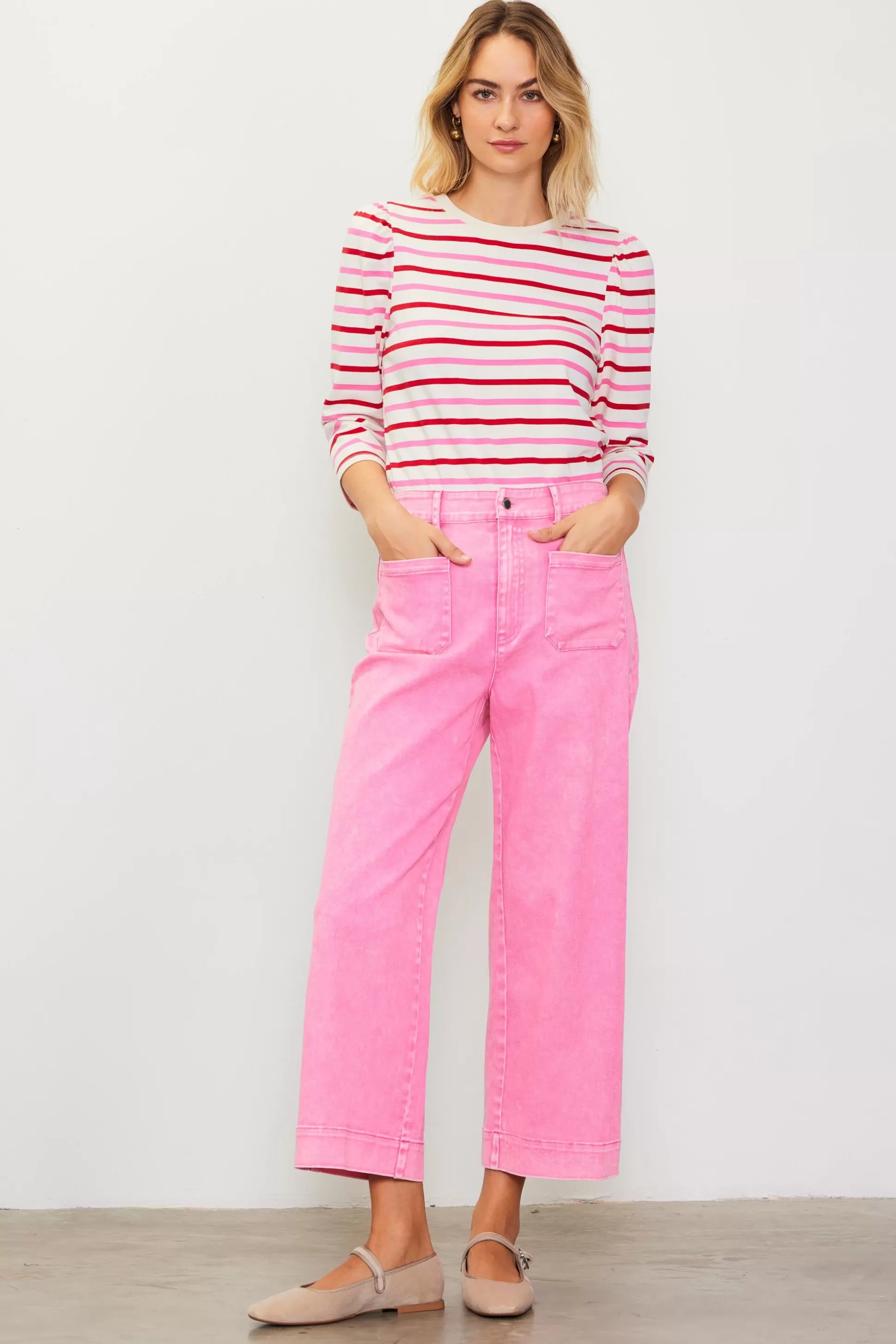 SKIES ARE BLUE Pants>Washed Twill Wide Leg Pants Pink