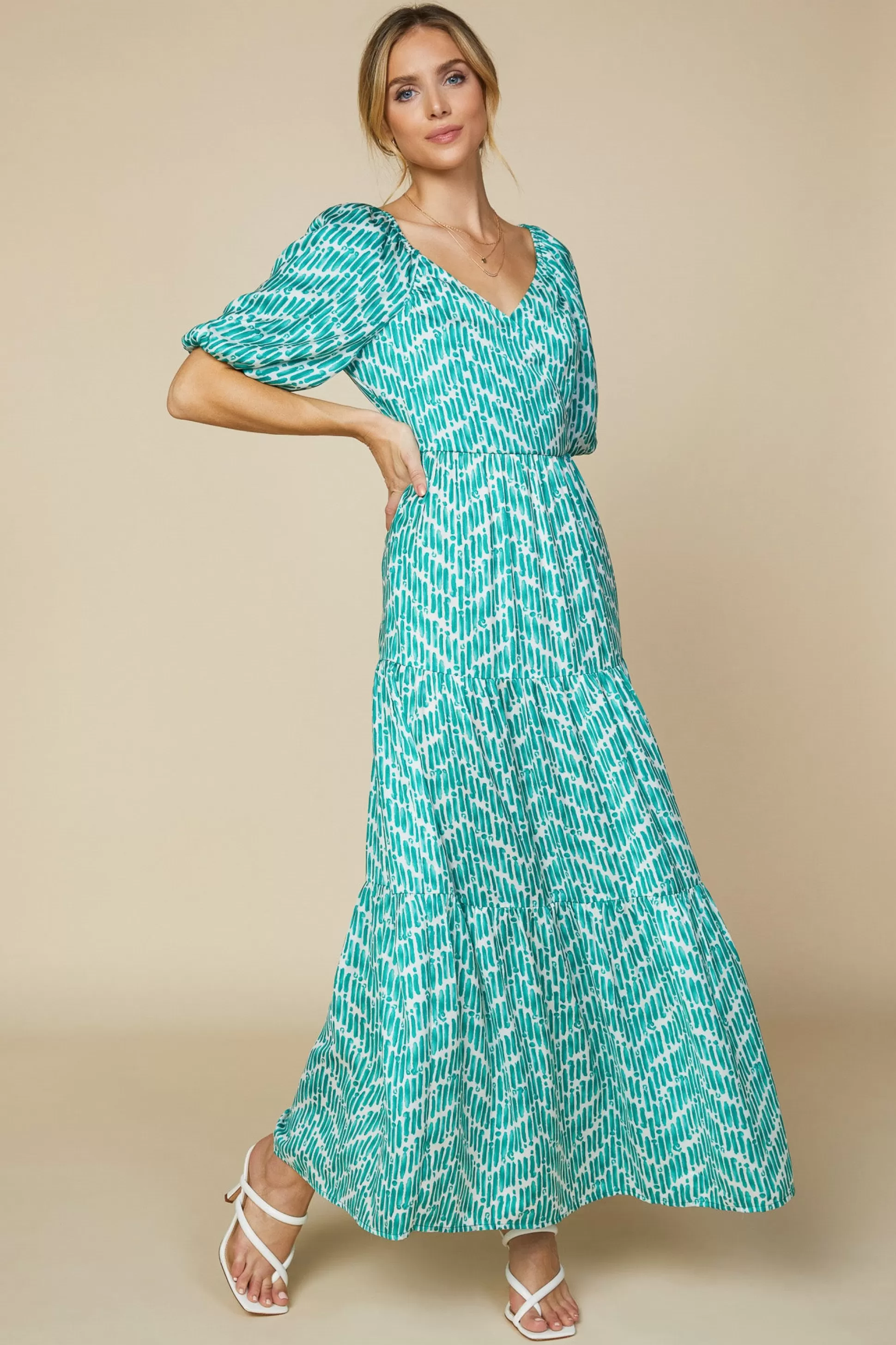 SKIES ARE BLUE Maxi Dresses>Watercolor Chevron Maxi Dress Jadegreen