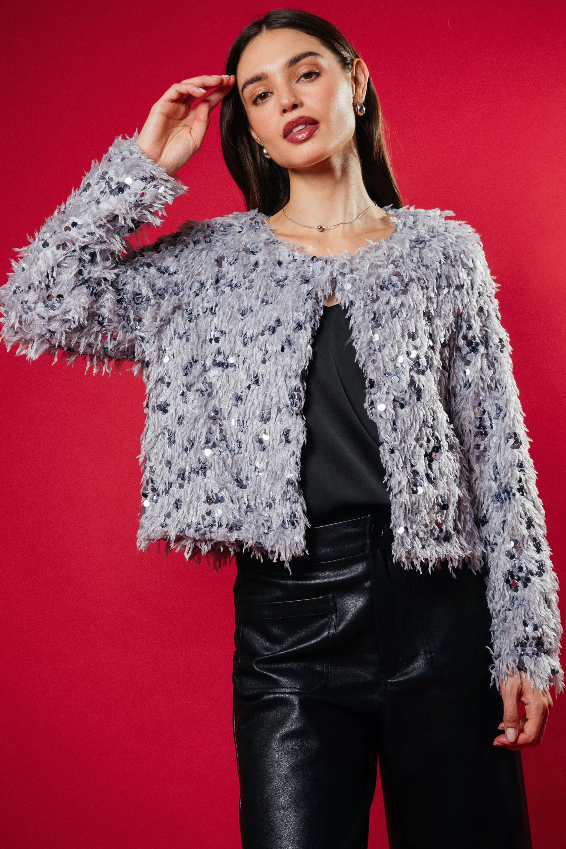 SKIES ARE BLUE Outerwear>Wren Feathered Sequin Crop Jacket Silver