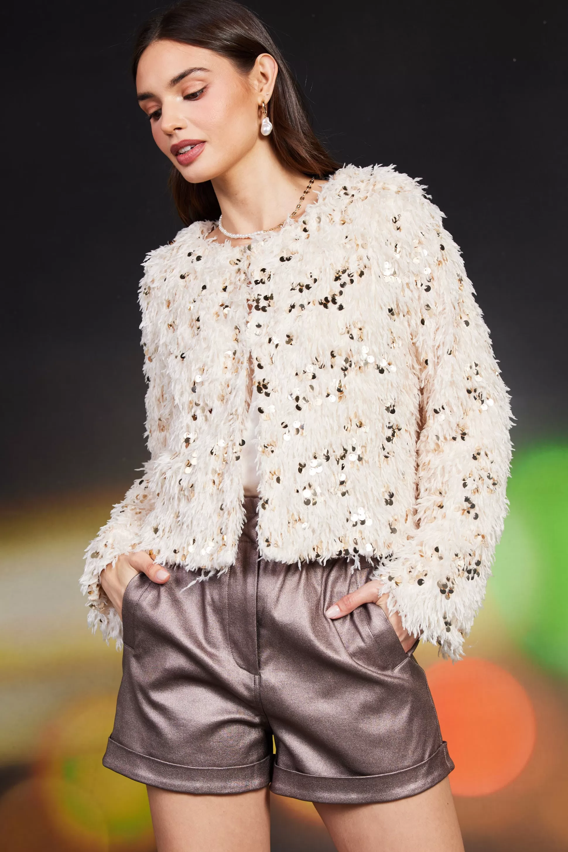 SKIES ARE BLUE Outerwear>Wren Feathered Sequin Crop Jacket Cream