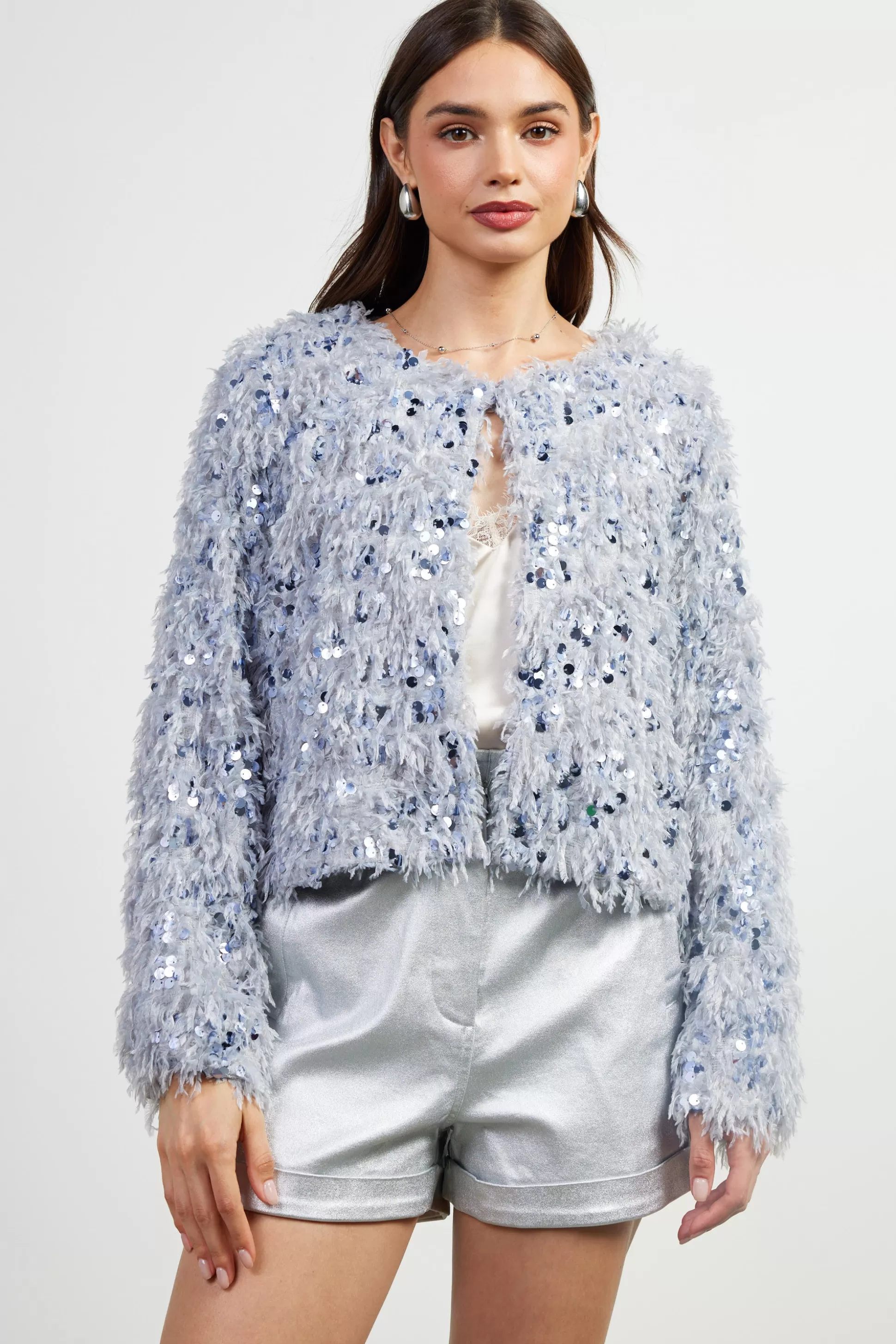 SKIES ARE BLUE Outerwear>Wren Feathered Sequin Crop Jacket Silver